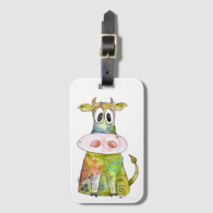 Cute Whimsical Colourful Cow Luggage Tag