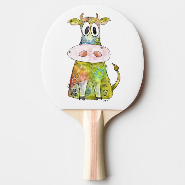 Cute Whimsical Colourful Cow Ping Pong Paddle (Front)