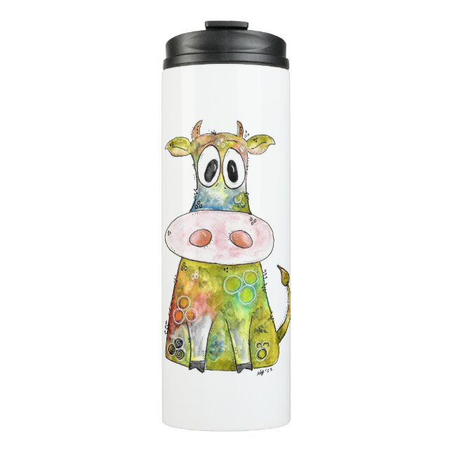 Cute Whimsical Colourful Cow Thermal Tumbler (Front)