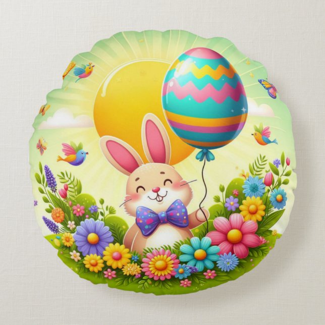 Cute, whimsical & colourful Easter bunny Round Pillow (Front)