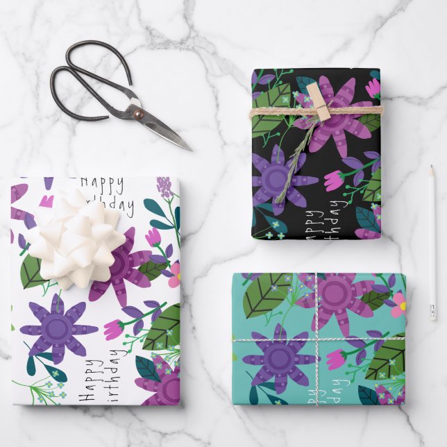 Cute Whimsical Colourful Floral Happy Birthday  Wrapping Paper Sheet (Front)