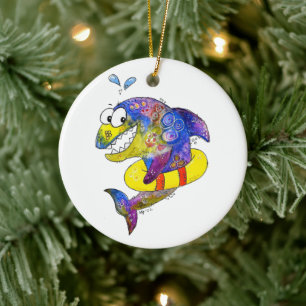Cute Whimsical Colourful Shark in Float Ceramic Ornament
