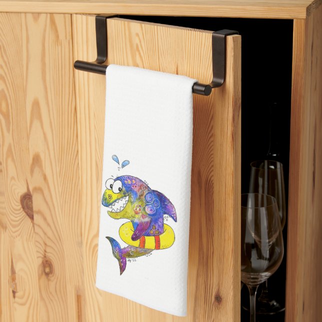 Cute Whimsical Colourful Shark in Float Kitchen Towel (Thirds Fold)