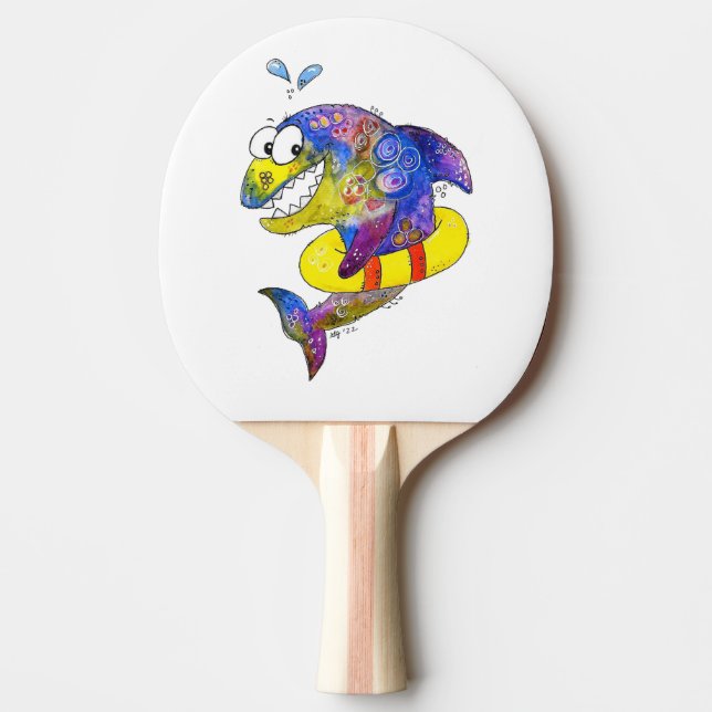 Cute Whimsical Colourful Shark in Float Ping Pong Paddle (Front)