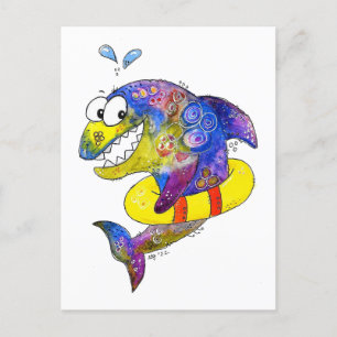 Cute Whimsical Colourful Shark in Float Postcard