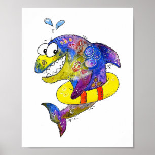 Cute Whimsical Colourful Shark in Float Poster