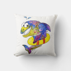 Cute Whimsical Colourful Shark in Float Throw Pillow