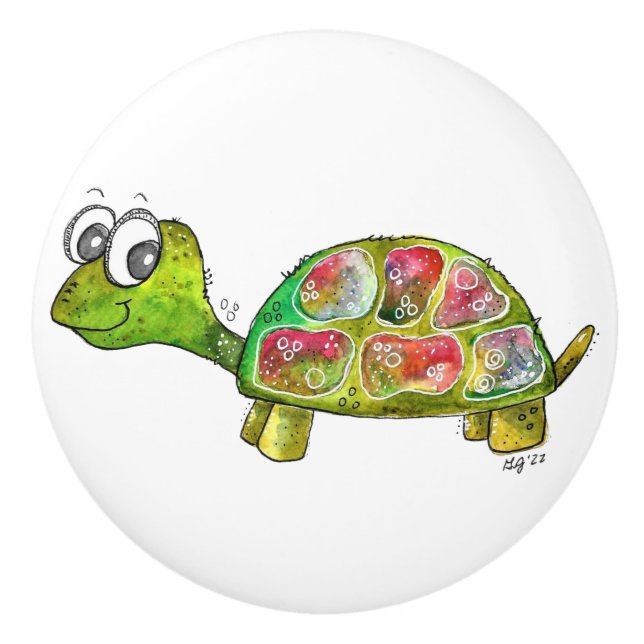 Cute Whimsical Colourful Turtle Ceramic Knob (Front)
