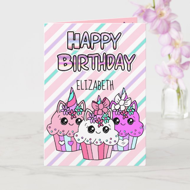 Cute Whimsical Cupcakes Girl's Birthday Card (Orchid)
