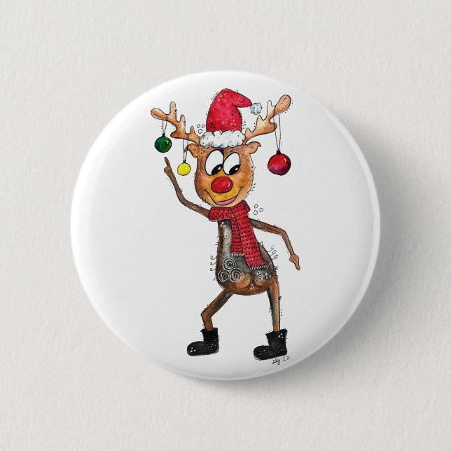 Cute Whimsical Dancing Christmas Deer 2 Inch Round Button (Front)