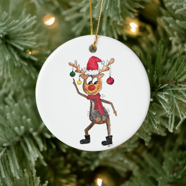 Cute Whimsical Dancing Christmas Deer Ceramic Ornament (Tree)