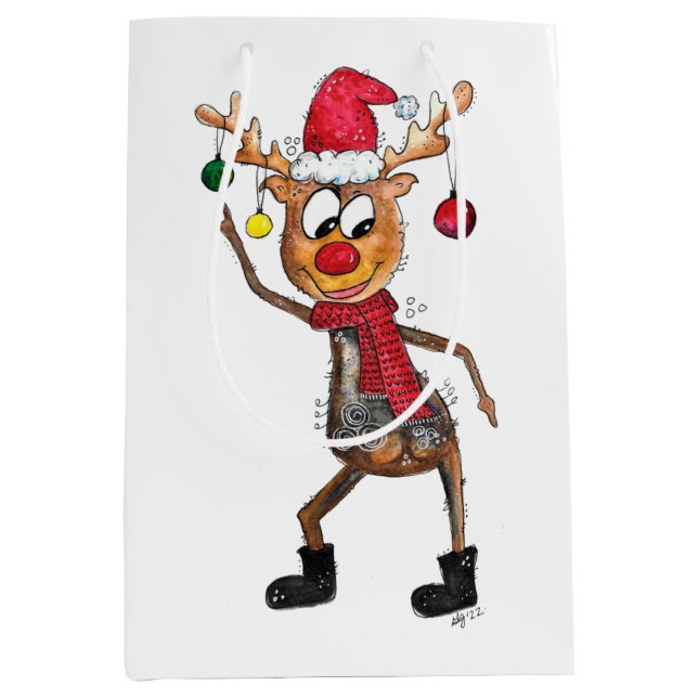 Cute Whimsical Dancing Christmas Deer Medium Gift Bag (Front)