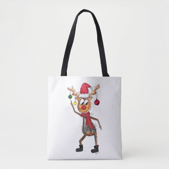Cute Whimsical Dancing Christmas Deer Tote Bag (Front)