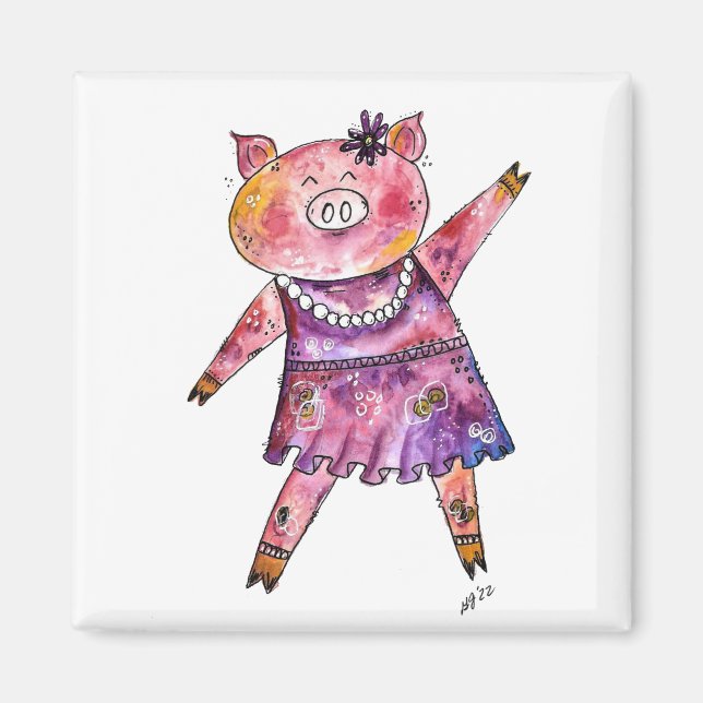 Cute Whimsical Dancing Pig Magnet (Front)