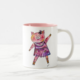 Cute Whimsical Dancing Pig Two-Tone Coffee Mug