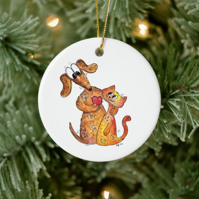 Cute Whimsical Dog and Cat Ceramic Ornament (Tree)