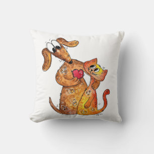 Cute Whimsical Dog and Cat Throw Pillow