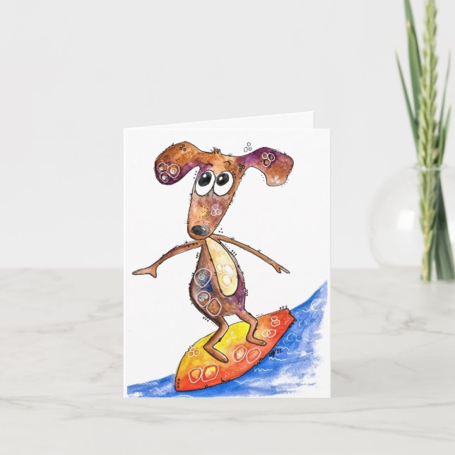 Cute Whimsical Dog on Surfboard Card (Front)