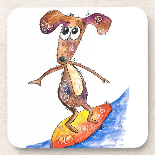 Cute Whimsical Dog on Surfboard Coaster (Front)