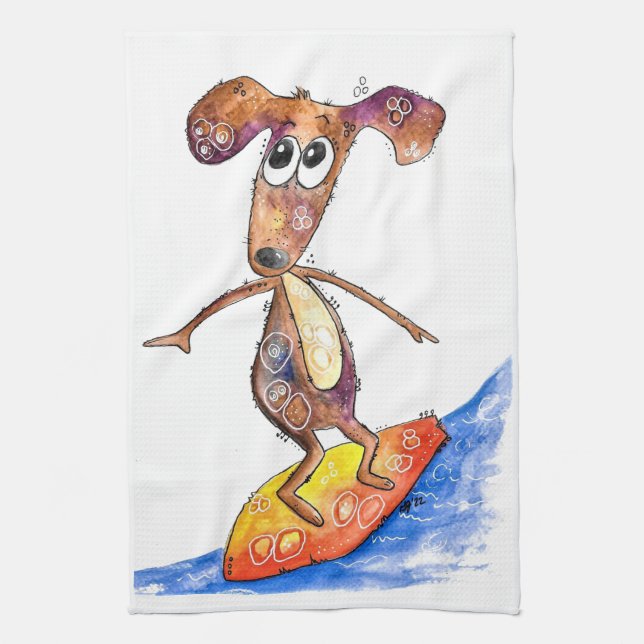 Cute Whimsical Dog on Surfboard Kitchen Towel (Vertical)