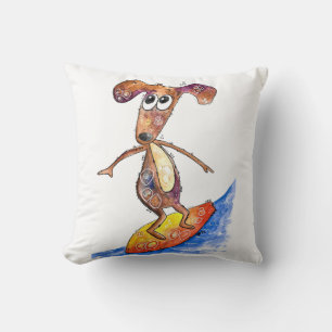 Cute Whimsical Dog on Surfboard Throw Pillow