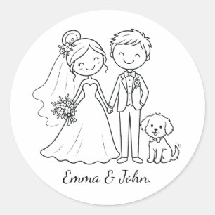 Cute Whimsical Dog Wedding Bride Groom Favour Classic Round Sticker