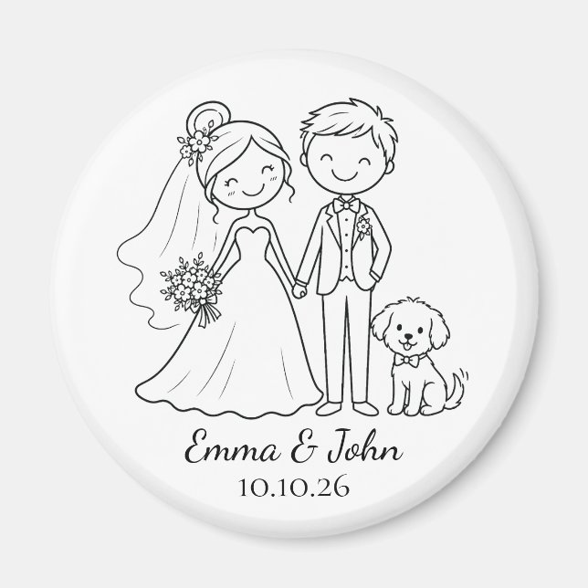 Cute Whimsical Dog Wedding Bride Groom Favour Magnet (Front)