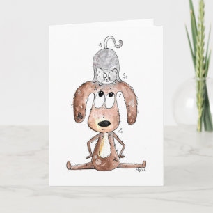 Cute Whimsical Dog with Cat on His Head Card