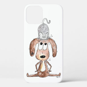 Cute Whimsical Dog with Cat on His Head iPhone 12 Case
