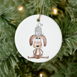 Cute Whimsical Dog with Cat on His Head Ceramic Ornament