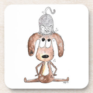 Cute Whimsical Dog with Cat on His Head Coaster