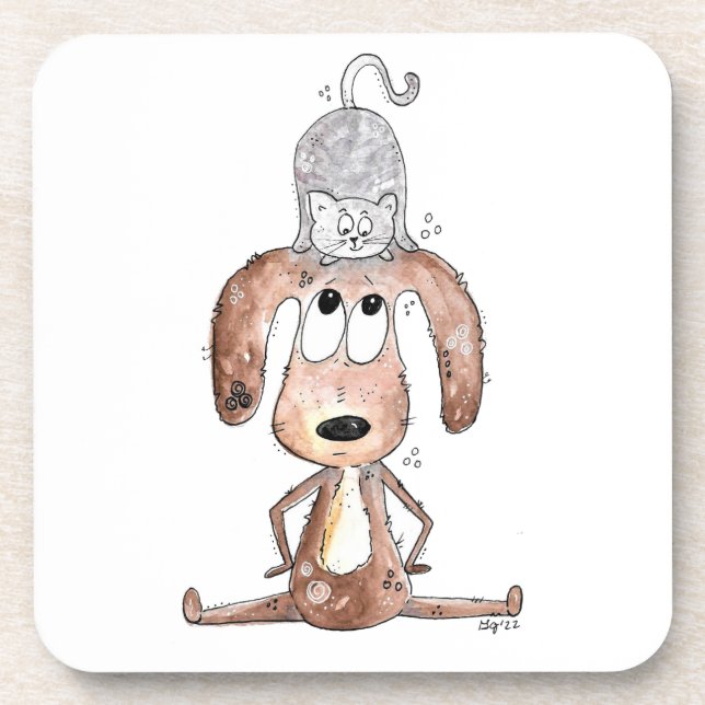 Cute Whimsical Dog with Cat on His Head Coaster (Front)
