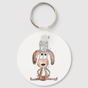 Cute Whimsical Dog with Cat on His Head Keychain