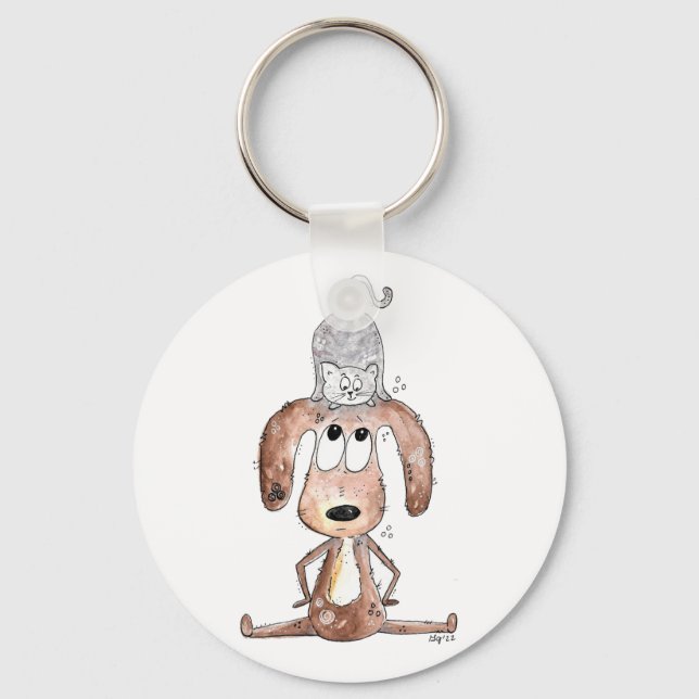 Cute Whimsical Dog with Cat on His Head Keychain (Front)