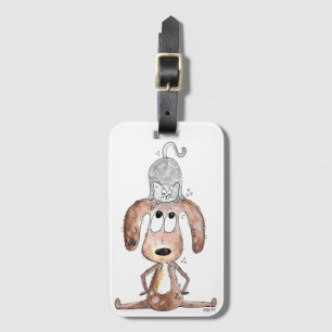 Cute Whimsical Dog with Cat on His Head Luggage Tag
