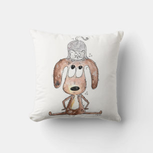 Cute Whimsical Dog with Cat on His Head Throw Pillow