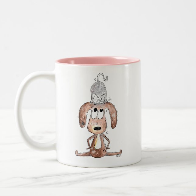 Cute Whimsical Dog with Cat on His Head Two-Tone Coffee Mug (Left)