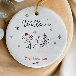 Cute Whimsical Doodle Dog First Christmas Ceramic Ornament