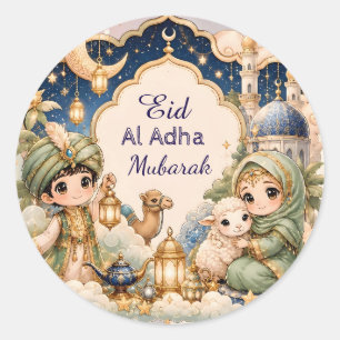 Cute Whimsical Eid Al Adha Mubarak Kids Muslim Classic Round Sticker