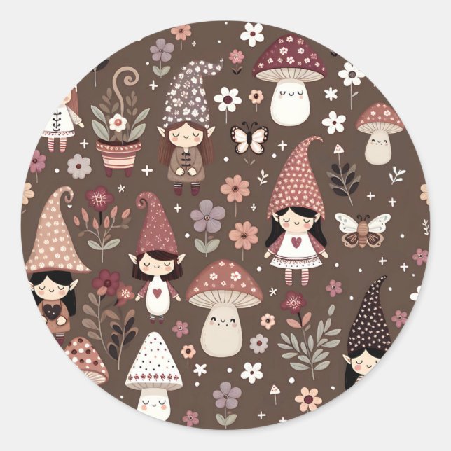 Cute Whimsical Fair Gnomes and Mushrooms   Classic Round Sticker (Front)