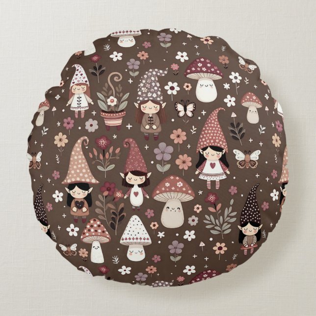 Cute Whimsical Fair Gnomes and Mushrooms  Round Pillow (Front)