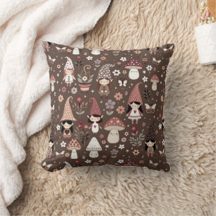 Cute Whimsical Fair Gnomes and Mushrooms Throw Pillow