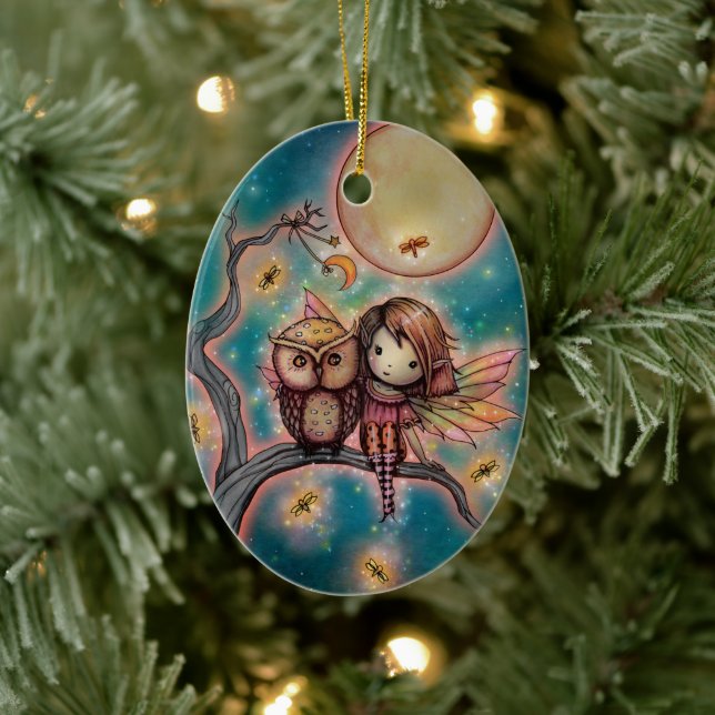 Cute Whimsical Fairy with Owl and Fireflies Ceramic Ornament (Tree)