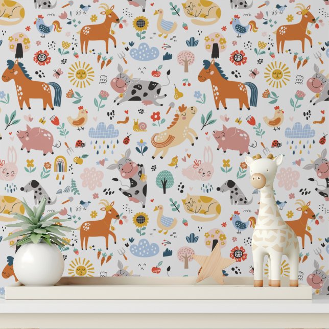 Cute Whimsical Farm Animals Modern Kids Pattern Wallpaper (Creator Uploaded)