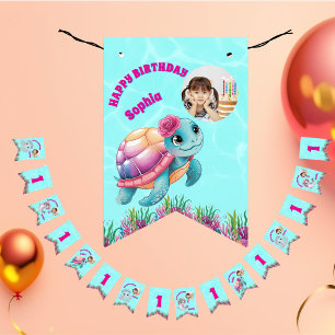 Cute Whimsical Floral Ocean Creatures Girly Photo Bunting Flags
