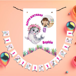 Cute Whimsical Floral Ocean Creatures Girly Photo Bunting Flags