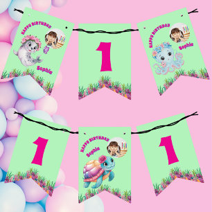Cute Whimsical Floral Ocean Creatures Girly Photo Bunting Flags