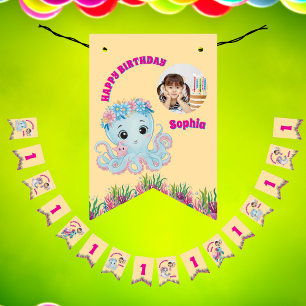 Cute Whimsical Floral Ocean Creatures Girly Photo Bunting Flags