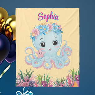 Cute Whimsical Floral Octopus Girly Birthday Gift Fleece Blanket