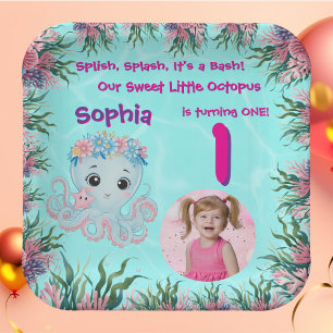 Cute Whimsical Floral Octopus Girly Birthday Paper Plate